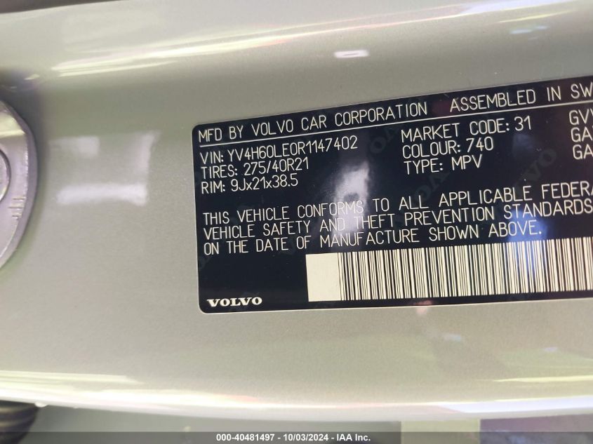 2024 Volvo Xc90 Recharge Plug-In Hybrid T8 Plus 6-Seater VIN: YV4H60LE0R1147402 Lot: 40481497