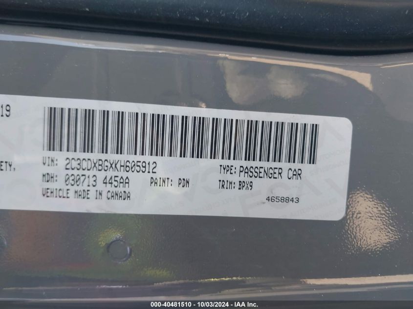 2C3CDXBGXKH605912 2019 Dodge Charger Sxt Rwd