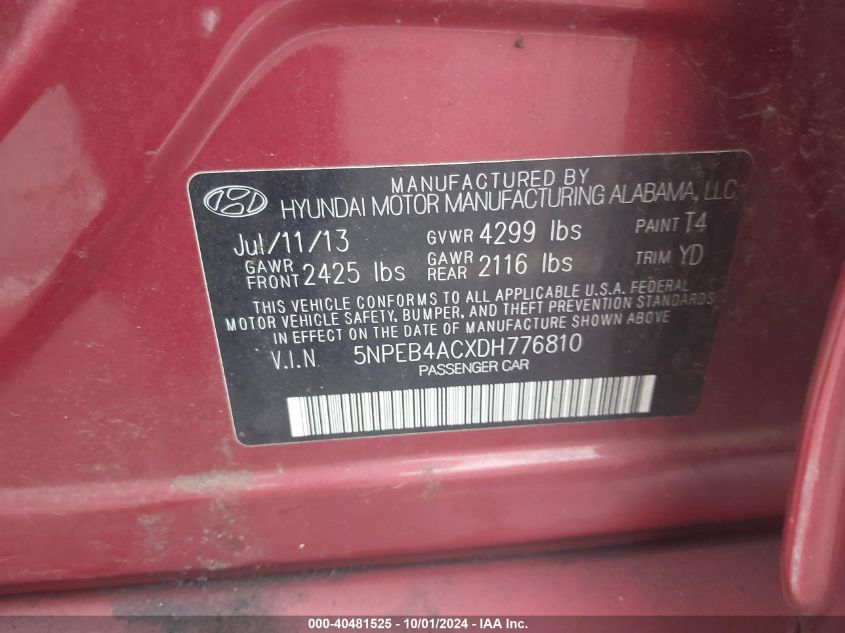 5NPEB4ACXDH776810 2013 Hyundai Sonata Gls