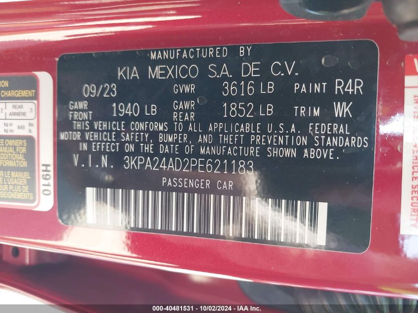 3KPA24AD2PE621183 2023 Kia Rio S