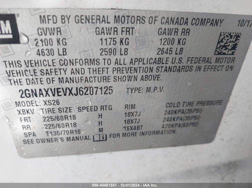 2GNAXVEVXJ6207125 2018 Chevrolet Equinox Premier