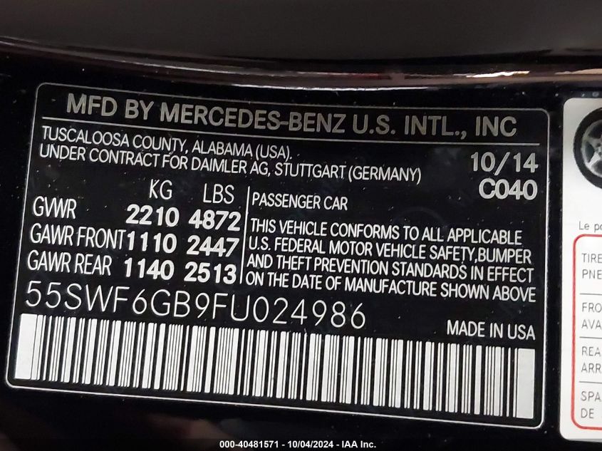 2015 Mercedes-Benz C 400 4Matic VIN: 55SWF6GB9FU024986 Lot: 40481571