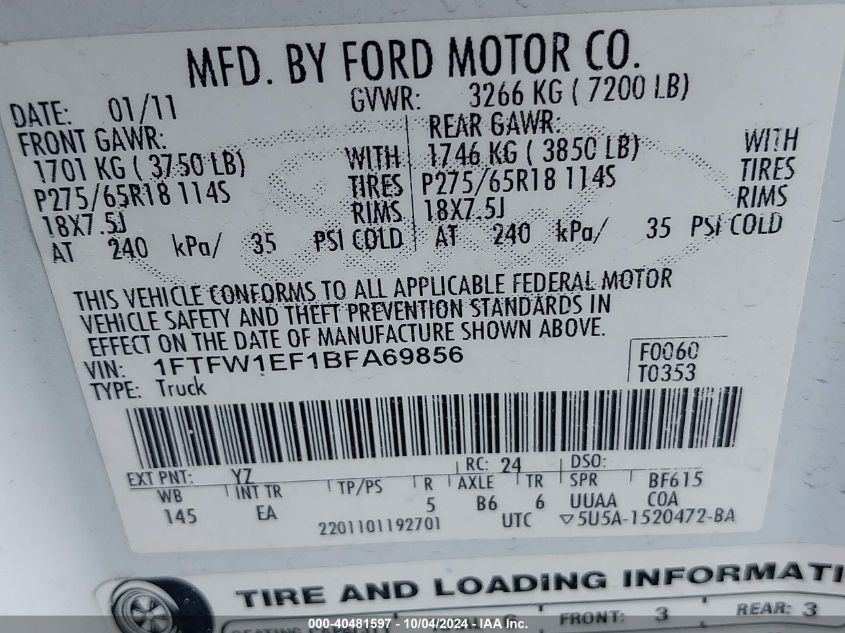 1FTFW1EF1BFA69856 2011 Ford F-150 Lariat