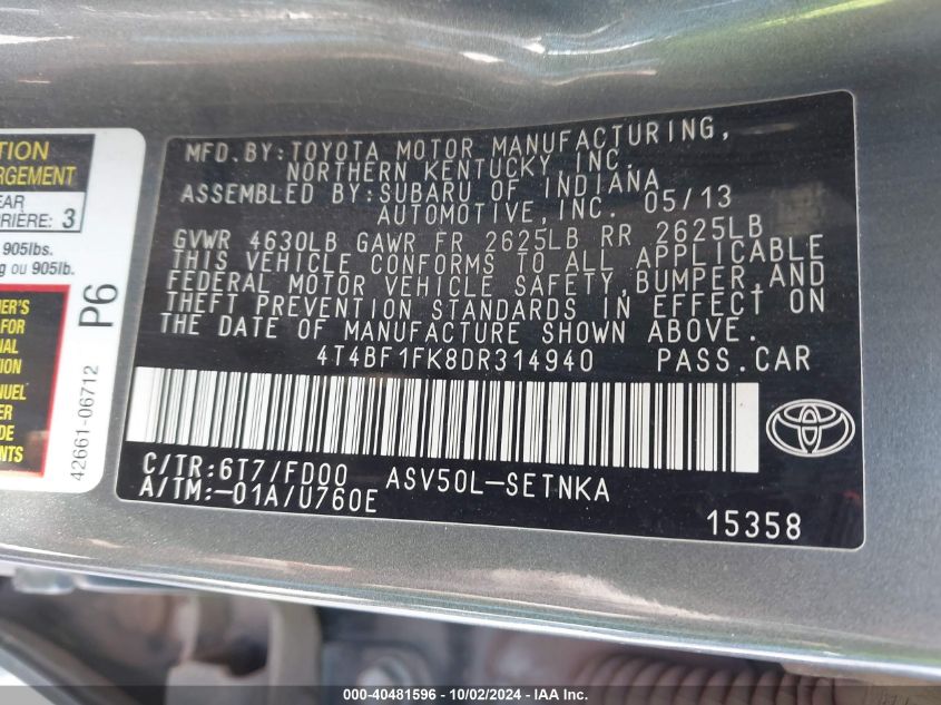 4T4BF1FK8DR314940 2013 Toyota Camry Le