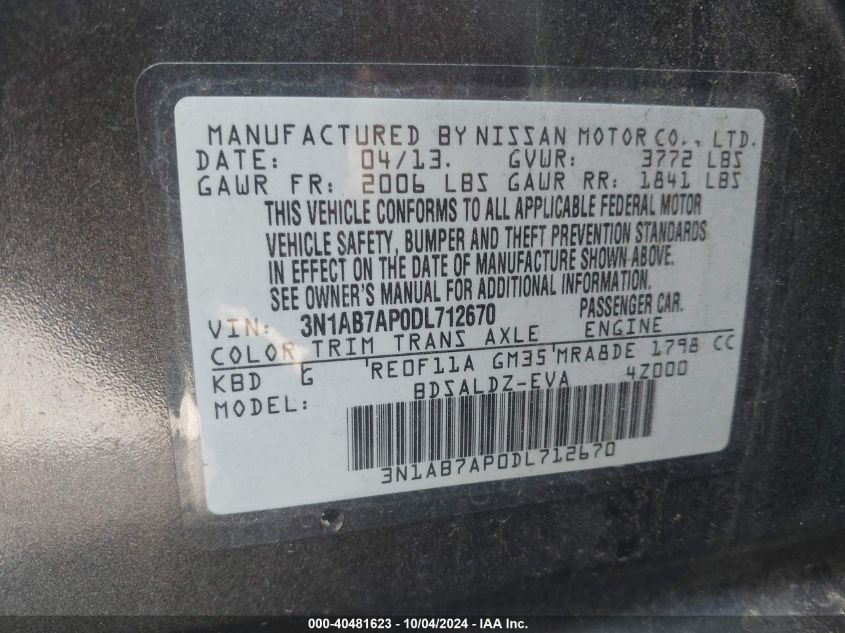 3N1AB7AP0DL712670 2013 Nissan Sentra Sv