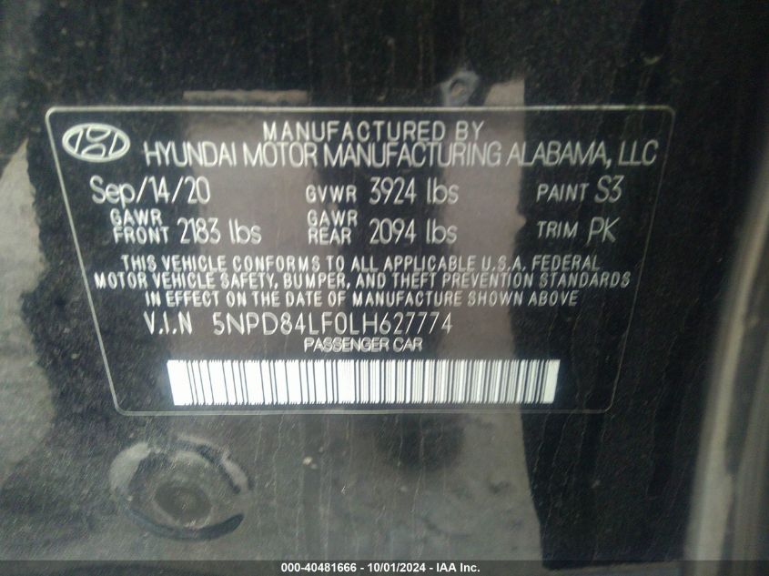 2020 Hyundai Elantra Sel/Value/Limited VIN: 5NPD84LF0LH627774 Lot: 40481666