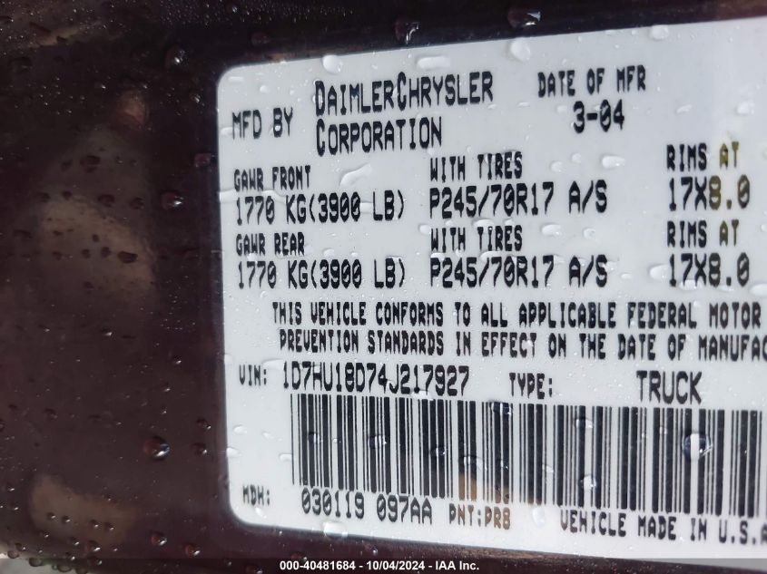 1D7HU18D74J217927 2004 Dodge Ram 1500 Slt/Laramie