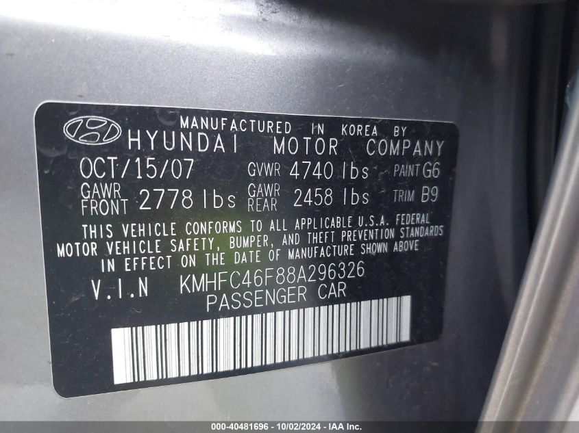 2008 Hyundai Azera Limited VIN: KMHFC46F88A296326 Lot: 40481696