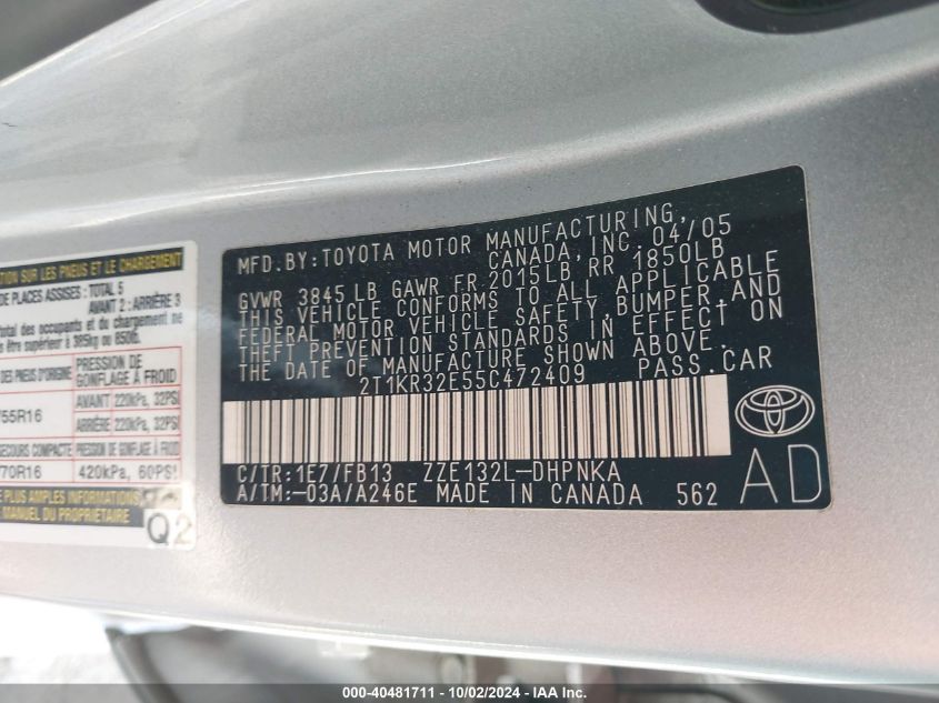 2T1KR32E55C472409 2005 Toyota Matrix Xr