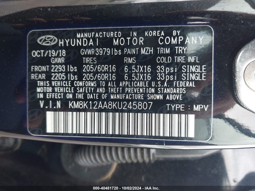 KM8K12AA8KU245807 2019 Hyundai Kona Se