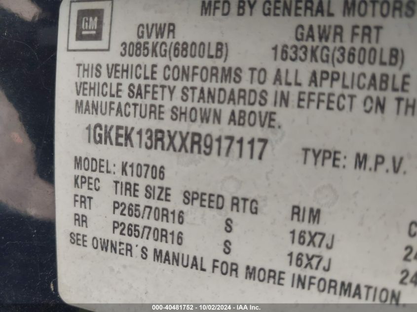 1999 GMC Yukon Denali VIN: 1GKEK13RXXR917117 Lot: 40481752