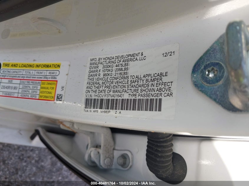 VIN 1HGCV1F37NA016401 2022 HONDA ACCORD SPORT