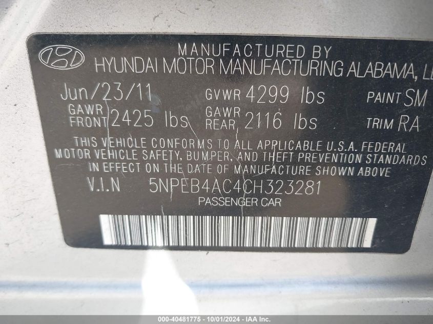 5NPEB4AC4CH323281 2012 Hyundai Sonata Gls