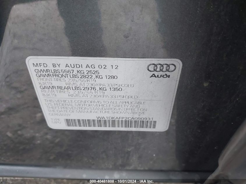 2012 Audi Q5 3.2 Premium Plus VIN: WA1DKAFP2CA090931 Lot: 40481808