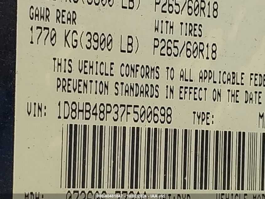 2007 Dodge Durango Slt VIN: 1D8HB48P37F500698 Lot: 40481847