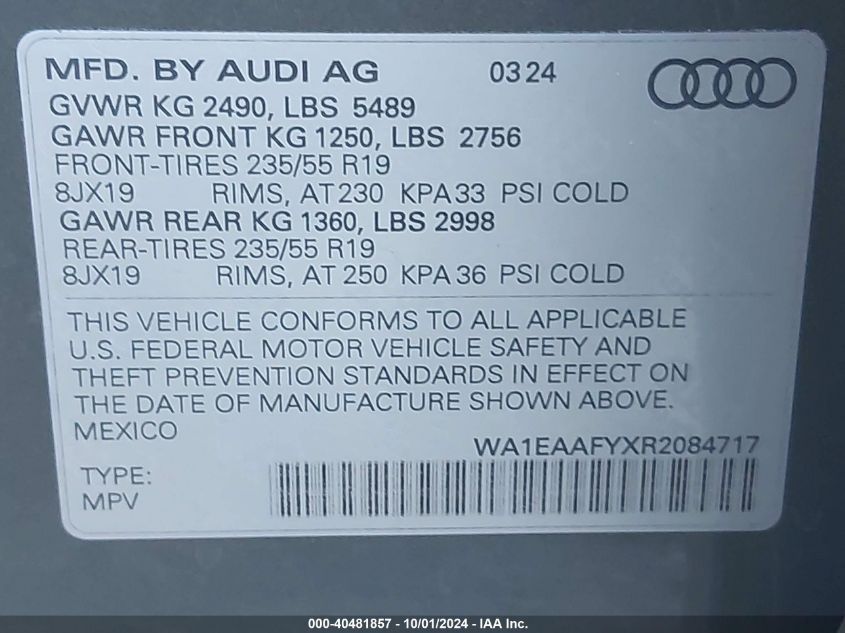 2024 Audi Q5 Premium Plus 45 Tfsi S Line Quattro VIN: WA1EAAFYXR2084717 Lot: 40481857