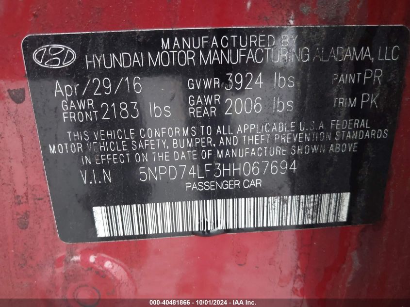 VIN 5NPD74LF3HH067694 2017 HYUNDAI ELANTRA SE