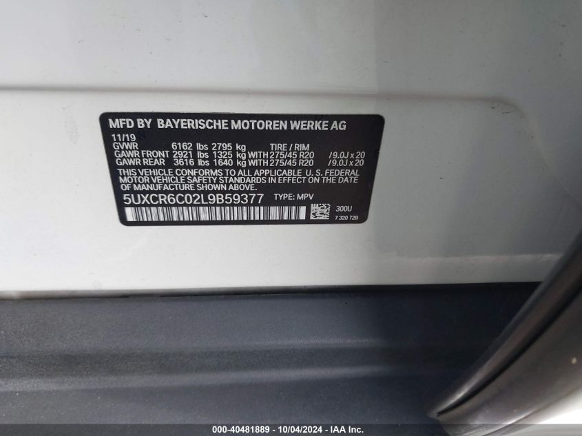 5UXCR6C02L9B59377 2020 BMW X5 xDrive40I