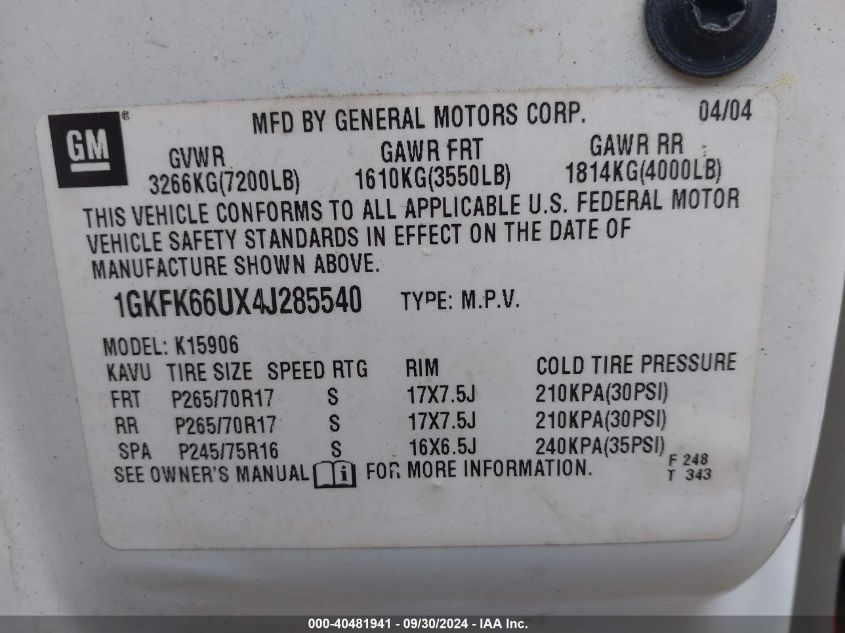 1GKFK66UX4J285540 2004 GMC Yukon Xl 1500 Denali