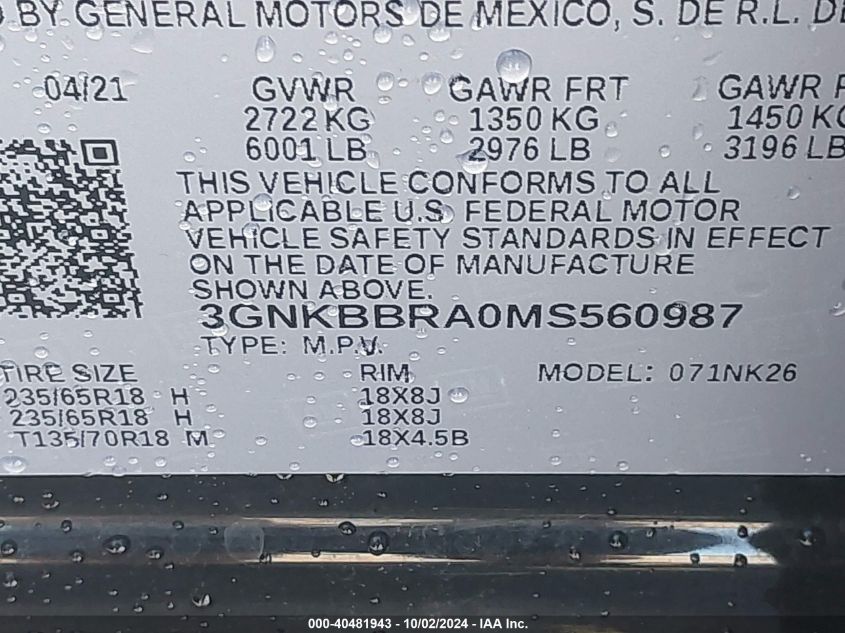 3GNKBBRA0MS560987 2021 Chevrolet Blazer Fwd 1Lt