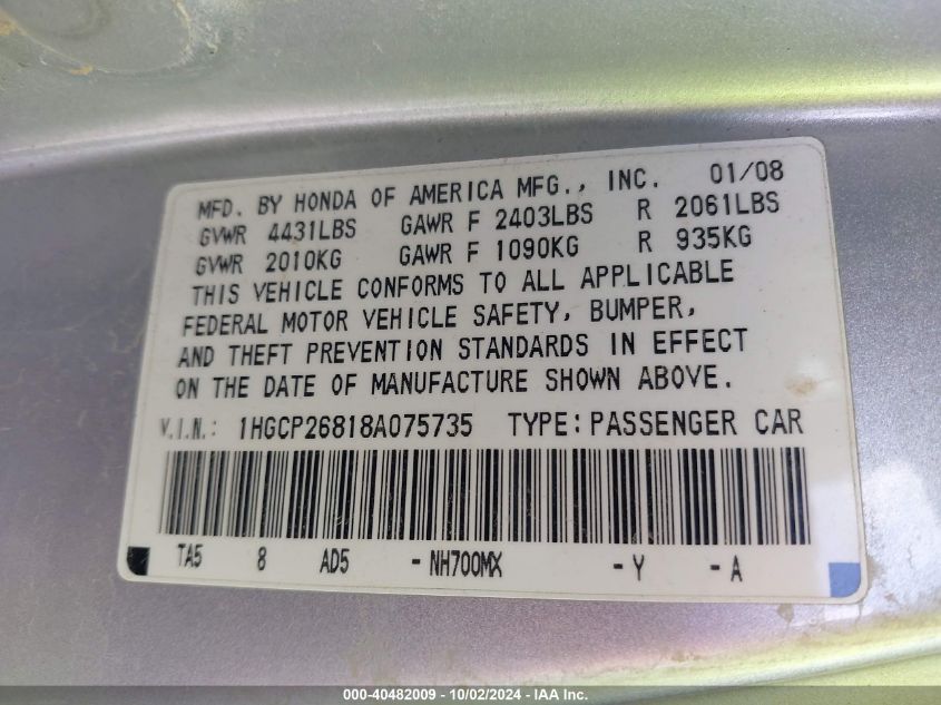 1HGCP26818A075735 2008 Honda Accord 2.4 Ex-L