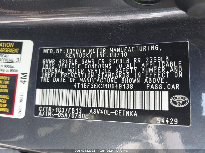 2011 Toyota Camry Le VIN: 4T1BF3EK3BU649138 Lot: 40482028