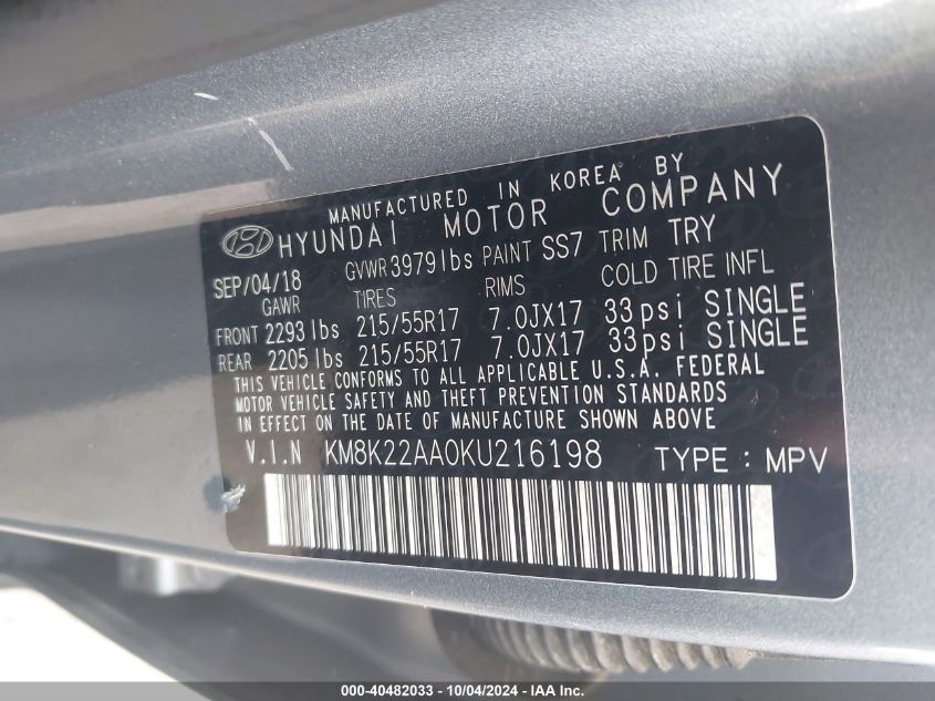 KM8K22AA0KU216198 2019 Hyundai Kona Sel