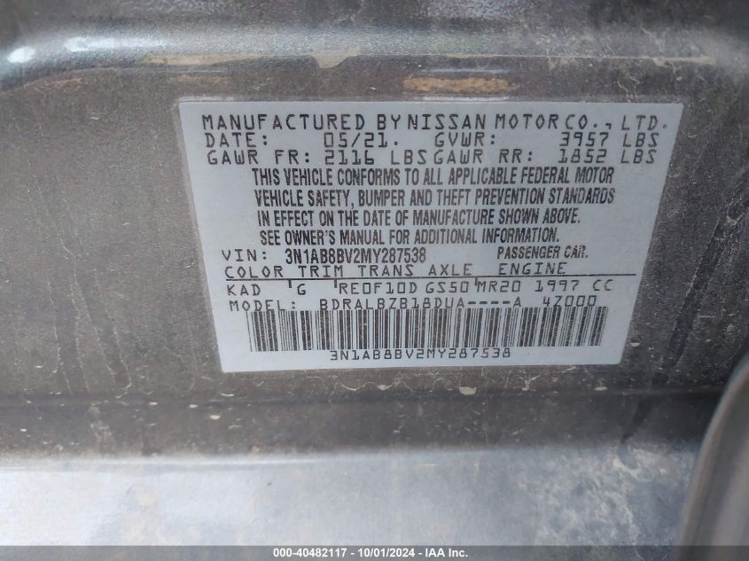 2021 Nissan Sentra S Xtronic Cvt VIN: 3N1AB8BV2MY287538 Lot: 40482117