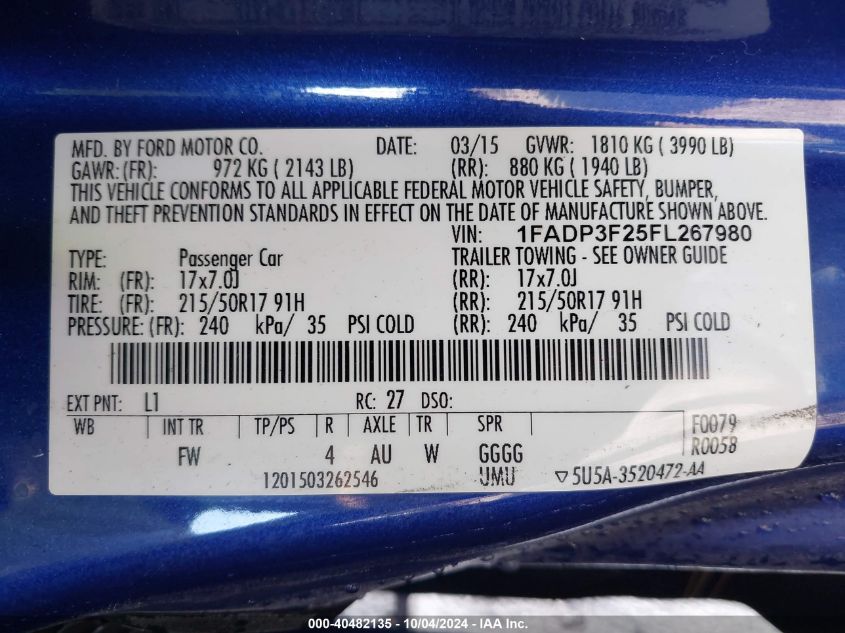 1FADP3F25FL267980 2015 Ford Focus Se