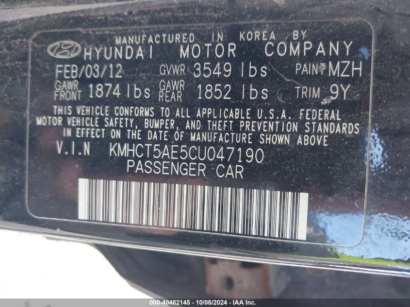 KMHCT5AE5CU047190 2012 Hyundai Accent Gs