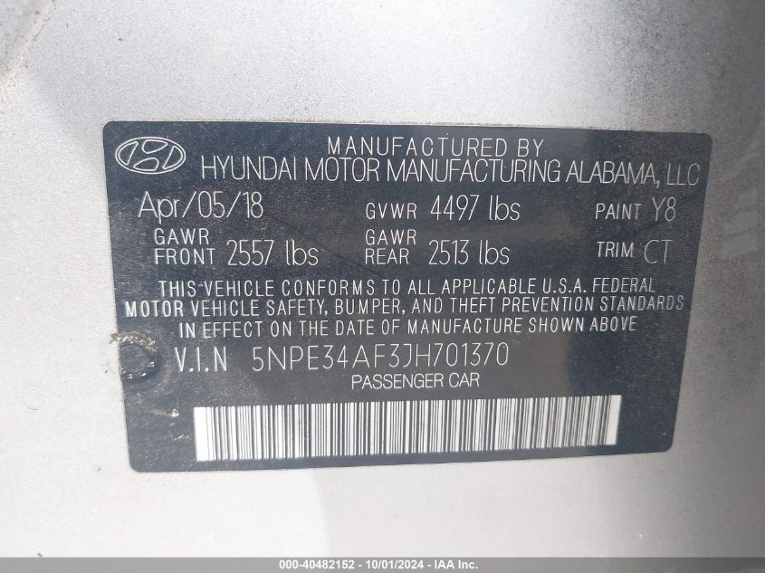 5NPE34AF3JH701370 2018 Hyundai Sonata Sport+