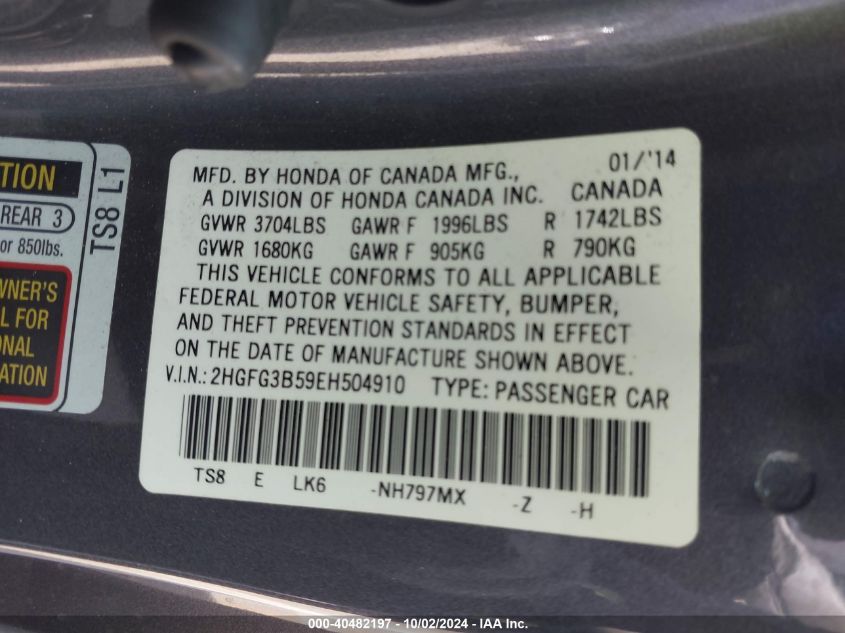 2HGFG3B59EH504910 2014 Honda Civic Lx