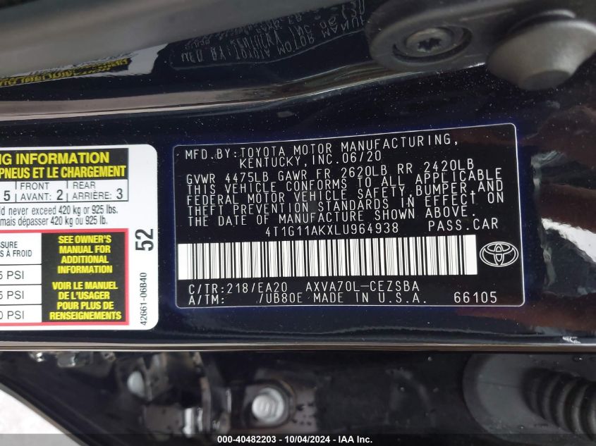 4T1G11AKXLU964938 2020 Toyota Camry Se