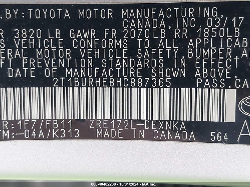 VIN 2T1BURHE8HC887365 2017 TOYOTA COROLLA LE