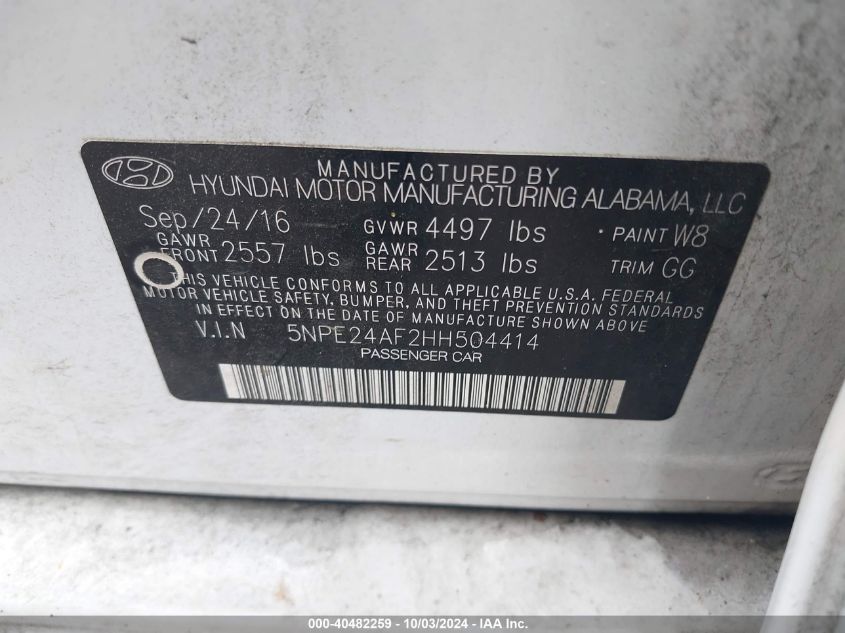 5NPE24AF2HH504414 2017 Hyundai Sonata Se