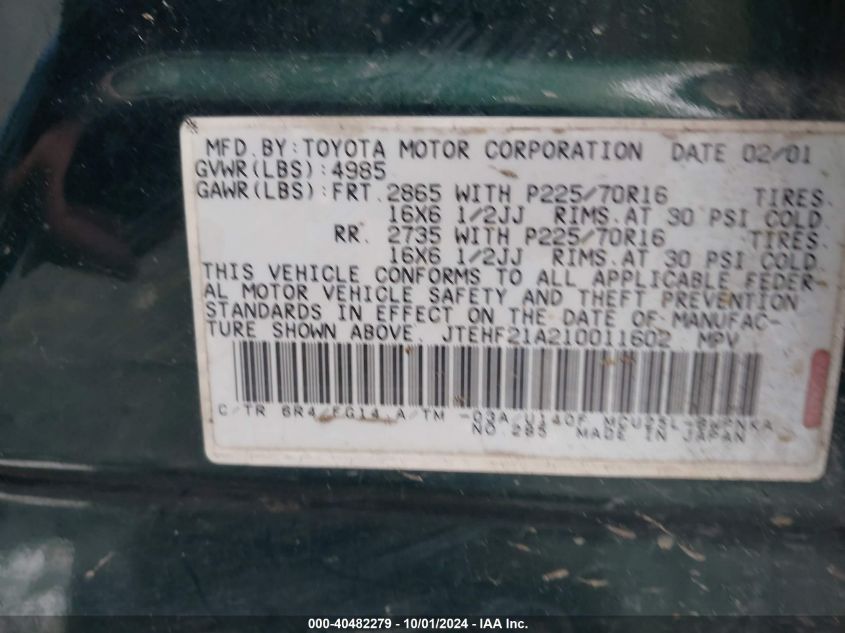 JTEHF21A210011602 2001 Toyota Highlander V6 (A4)