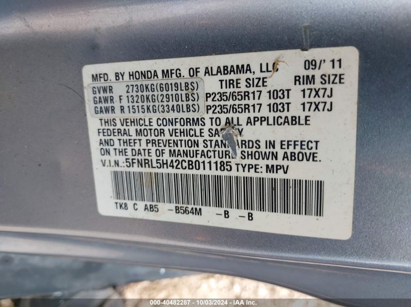 2012 Honda Odyssey Ex VIN: 5FNRL5H42CB011185 Lot: 40482287