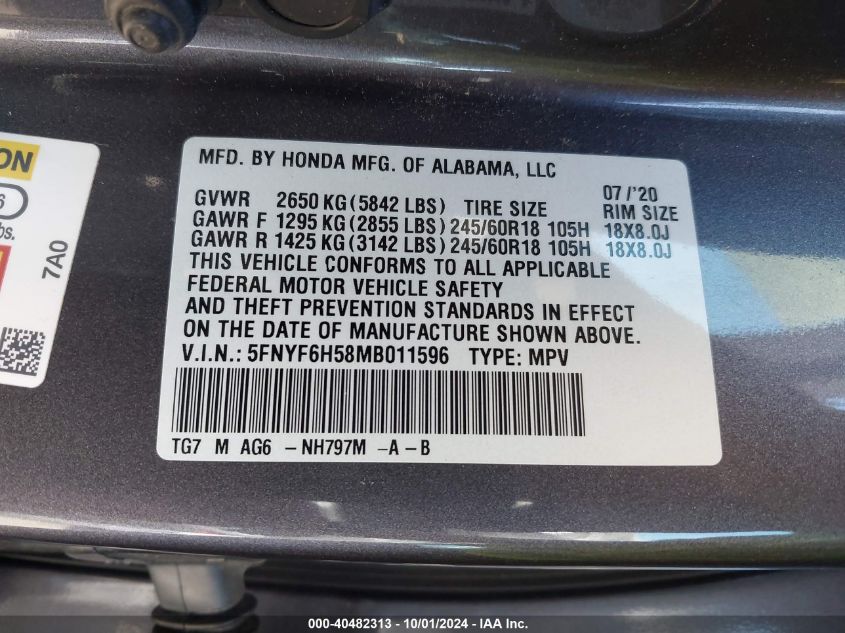 2021 Honda Pilot Exl VIN: 5FNYF6H58MB011596 Lot: 40482313