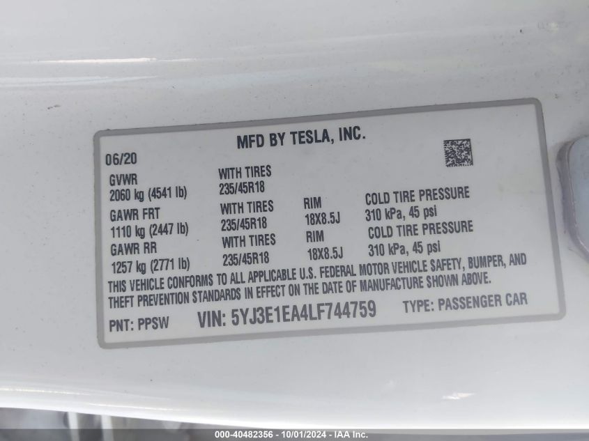 2020 Tesla Model 3 Standard Range Plus Rear-Wheel Drive/Standard Range Rear-Wheel Drive VIN: 5YJ3E1EA4LF744759 Lot: 40482356