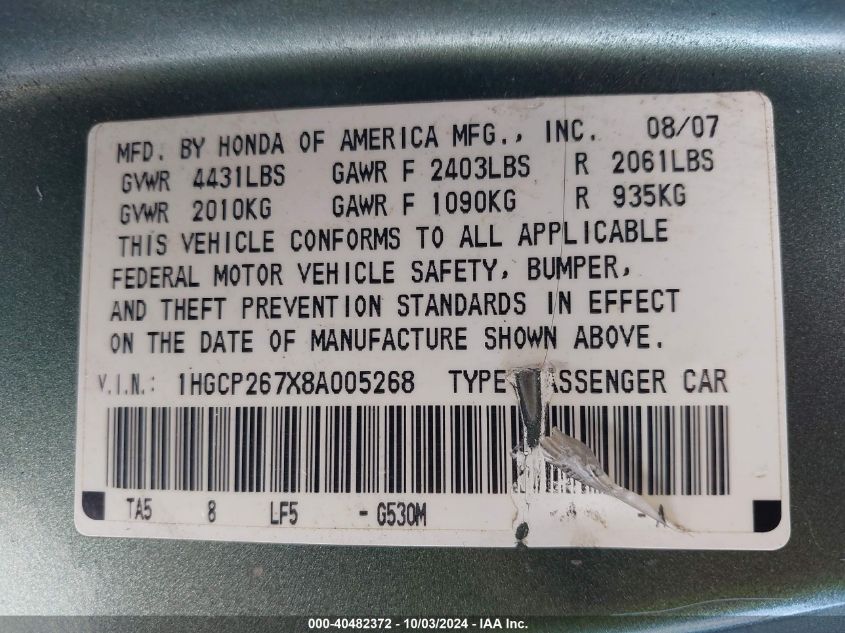 1HGCP267X8A005268 2008 Honda Accord Sdn Ex