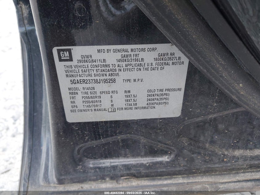 2008 Buick Enclave Cxl VIN: 5GAER23738J195258 Lot: 40482394