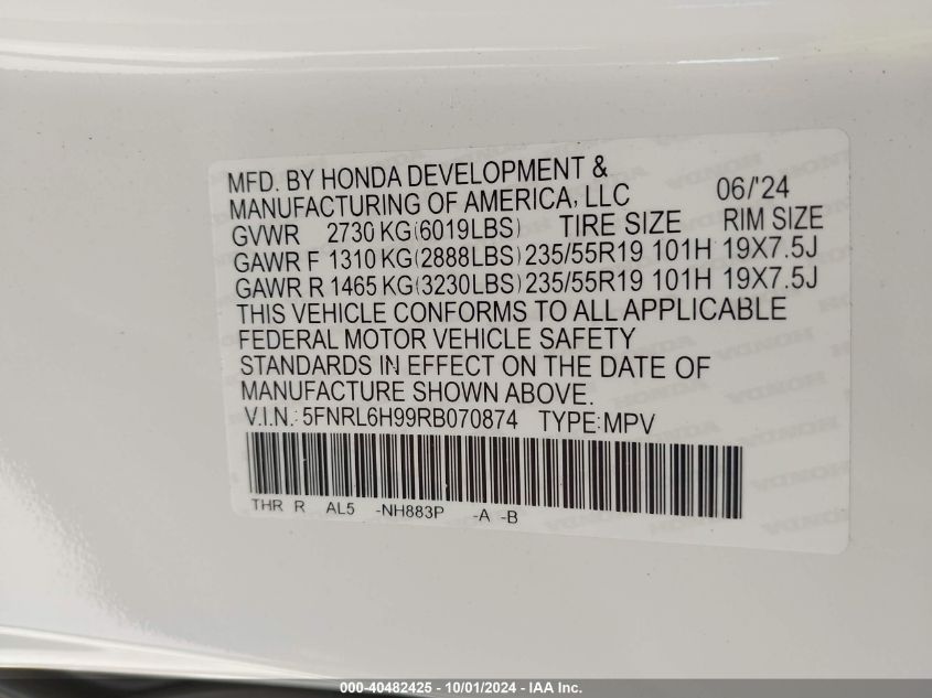 2024 Honda Odyssey Elite VIN: 5FNRL6H99RB070874 Lot: 40482425