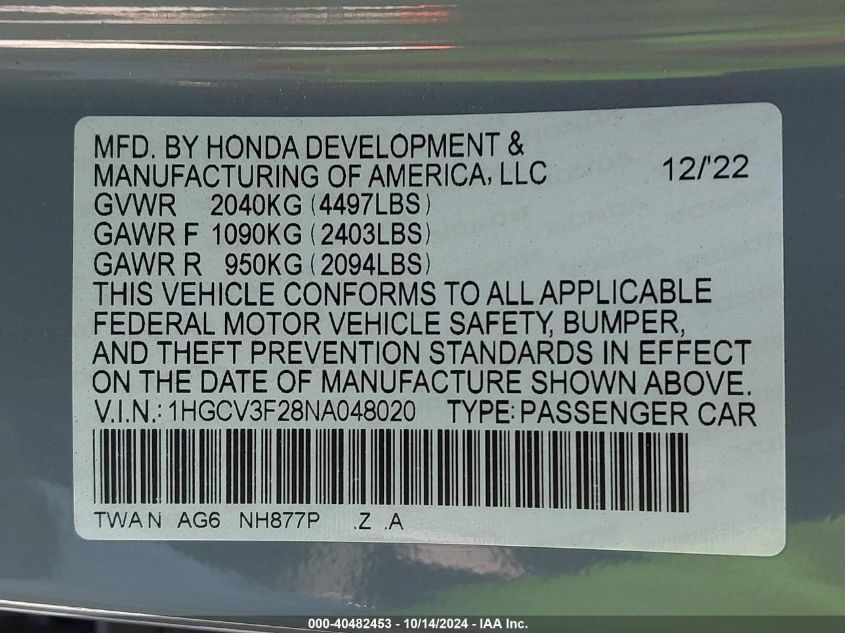 2022 Honda Accord Hybrid Sport VIN: 1HGCV3F28NA048020 Lot: 40482453