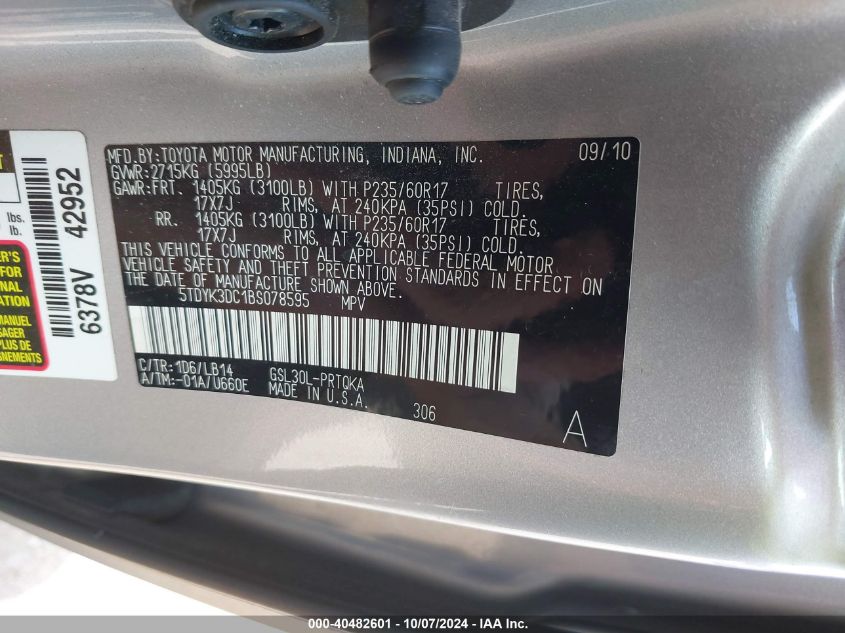 5TDYK3DC1BS078595 2011 Toyota Sienna Xle V6