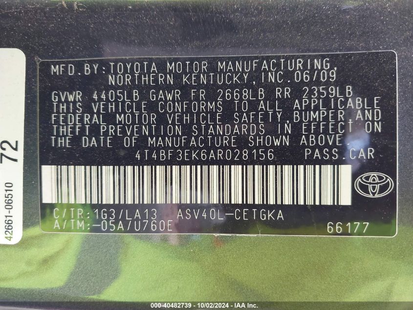 4T4BF3EK6AR028156 2010 Toyota Camry Xle