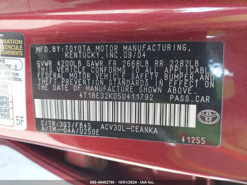 4T1BE32K05U411792 2005 Toyota Camry Le