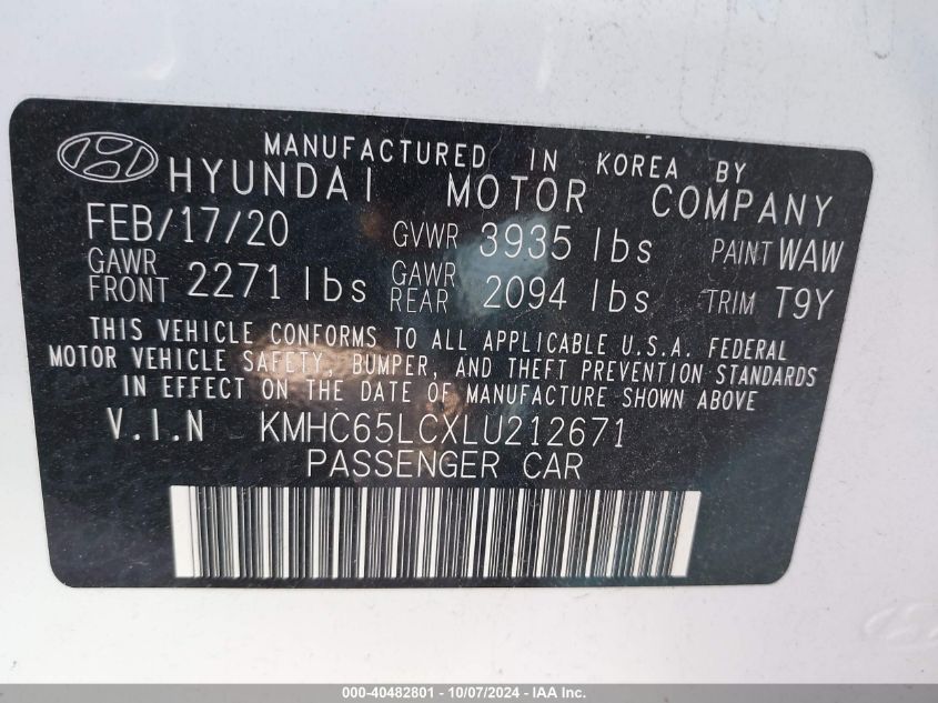 2020 Hyundai Ioniq Hybrid Blue VIN: KMHC65LCXLU212671 Lot: 40482801