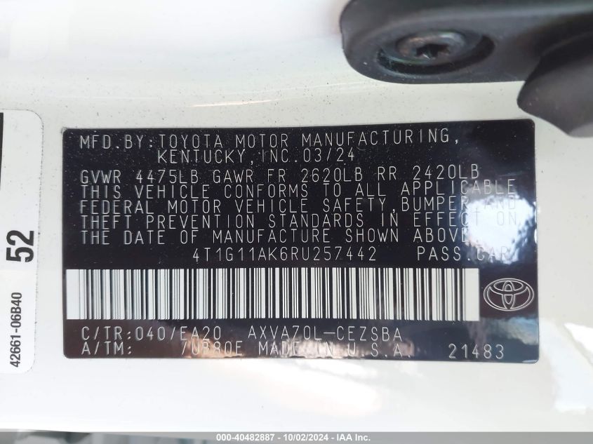 4T1G11AK6RU257442 2024 Toyota Camry Se