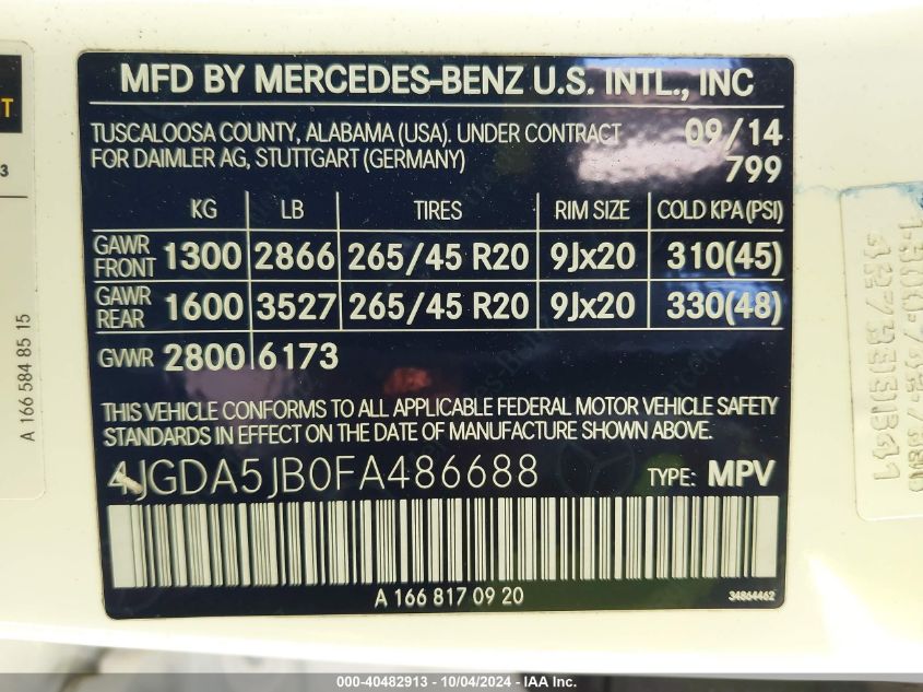 4JGDA5JB0FA486688 2015 Mercedes-Benz Ml 350