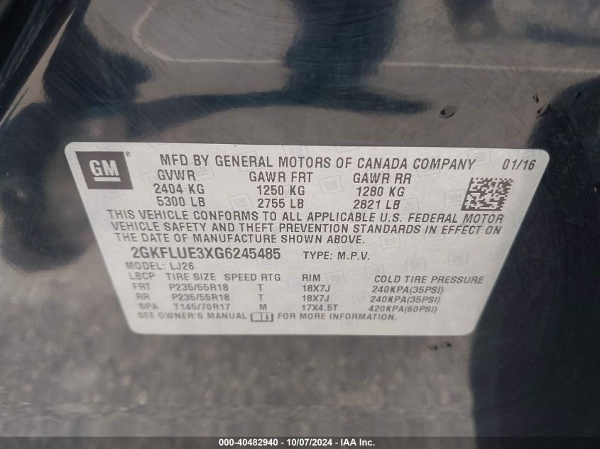 2GKFLUE3XG6245485 2016 GMC Terrain Slt